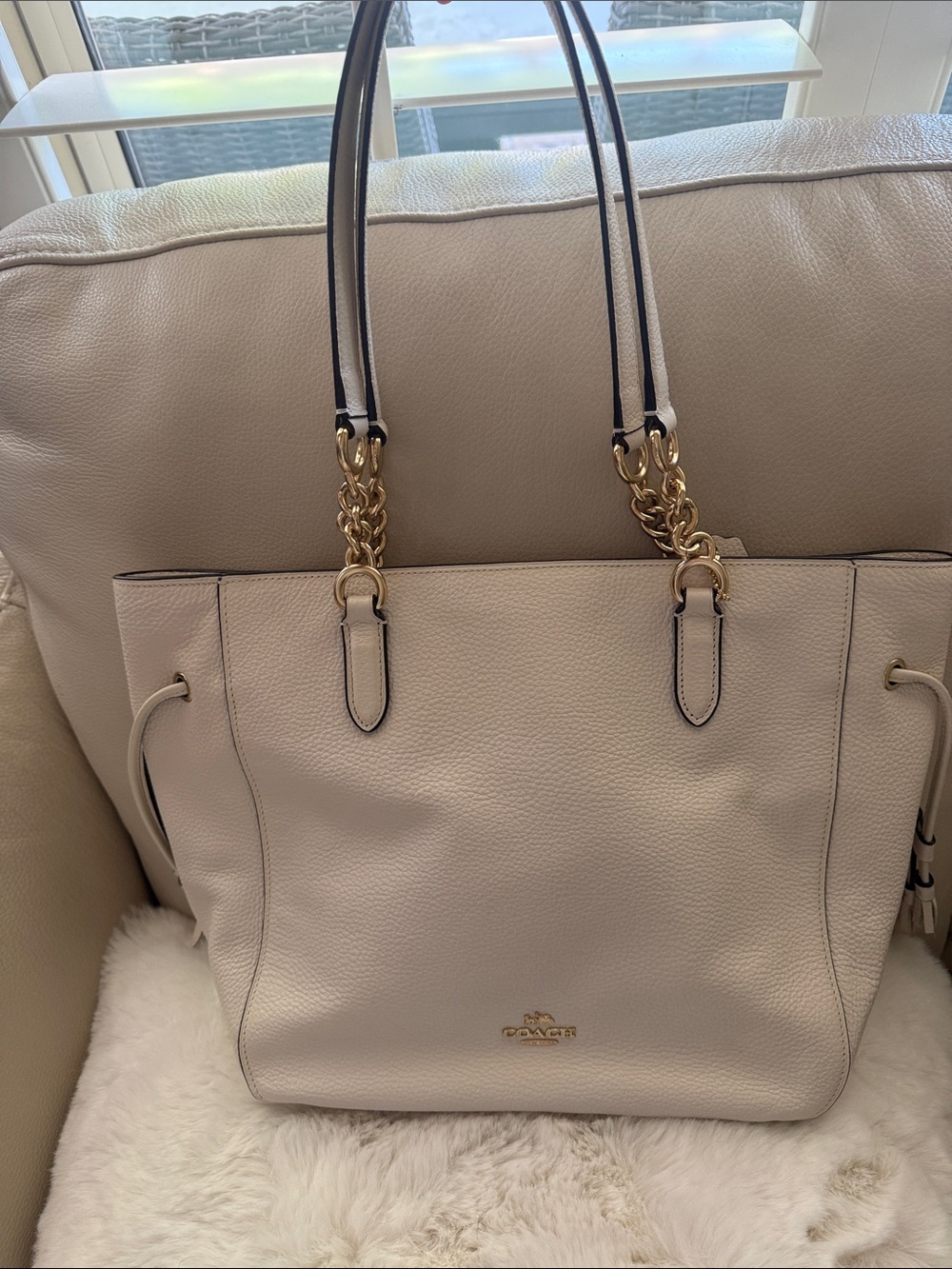 Coach Cream Pebbled Leather Tote with Gold Chain Accents
